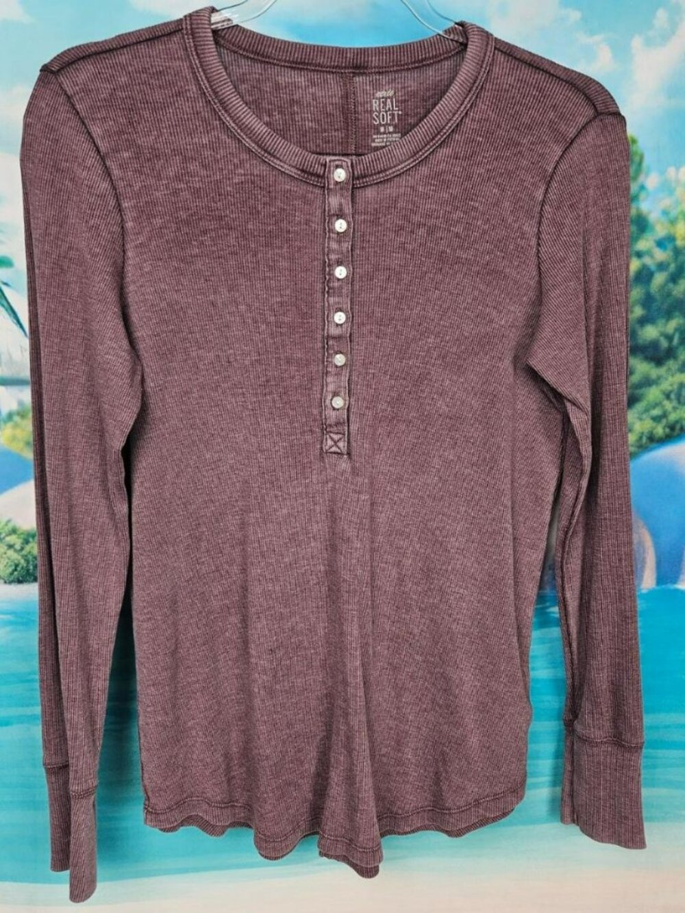 Aerie Real Soft Purple Ribbed Long Sleeve Henley Shirt Womens M Comfort soft
